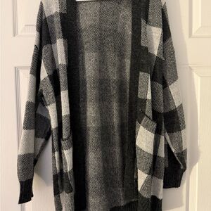American Eagle Outfitters Black and Gray Cardigan Sweater with Plaid Sleeves